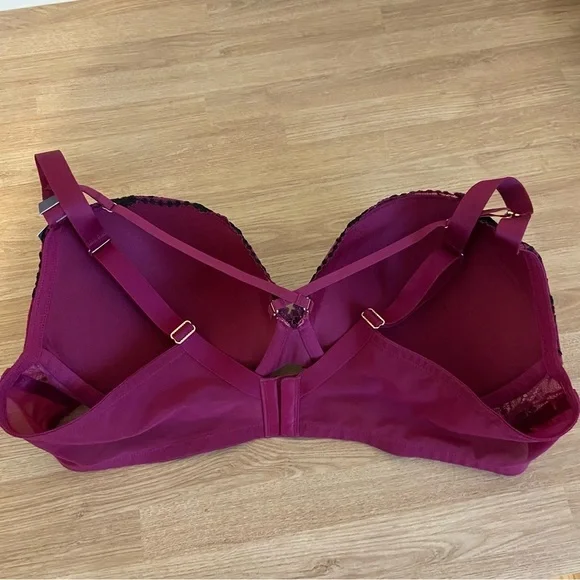 Cacique NWT Max Boost Plunge Lace Strappy Sexy Lace Bra Raspberry Black 44C - Picture 11 of 12